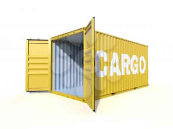 Empty ship container with the word CARGO on the side, with open doors, isolated on white background. 3D illustration