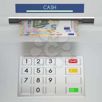 Atm machine keypad with different euro banknotes in money slot. Password security, giving money returning bank debt online payment, cash withdrawal deposit, transfer funds, concept. 3D illustration