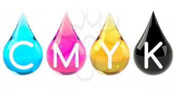 CMYK color scheme set. Cyan, magenta, yellow, black drops set isolated on white. Graphic design element for poster, flyer, print manual, printer ink packaging. 3D illustration