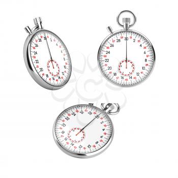 Set of 3 mechanical stopwatch chronometers in different views. Retro classic style clock isolated on white background. Sports competition, time is money, countdown concept. Realistic 3D illustration