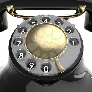 Vintage black telephone isolated on white. Retro 1940 - 1950 phone with rotary dial.