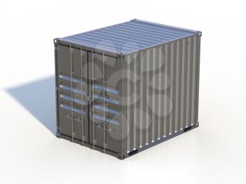 Ship cargo container 10 feet length. Dark grey metallic freight box with shadow isolated on white background. Marine logistics, harbor warehouse, customs, transport shipping concept. 3D illustration