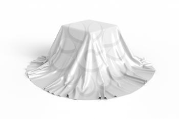 Box covered with white fabric. Isolated on white background. Surprise, award, prize, presentation concept. Showroom stand. Reveal a hidden object. Raise the curtain. Photo realistic illustration.