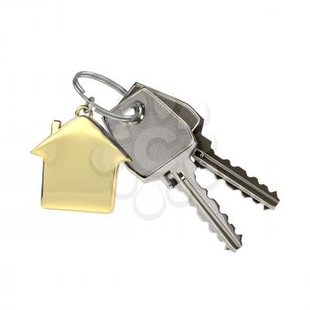 Two keys on a ring with a green plastic house chain. Concept of buying or renting a house, new home. Photo-realistic illustration.