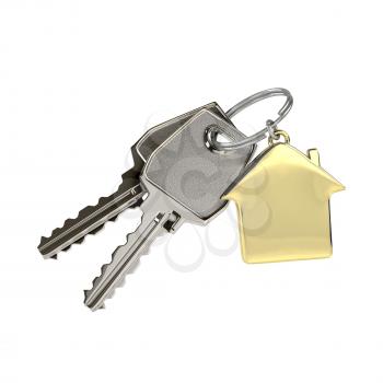 Two keys on a ring with a green plastic house chain. Concept of buying or renting a house, new home. Photo-realistic. 3D illustration.