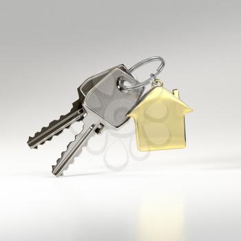 Two keys on a ring with a green plastic house chain. Concept of buying or renting a house, new home. Photo-realistic. 3D illustration.