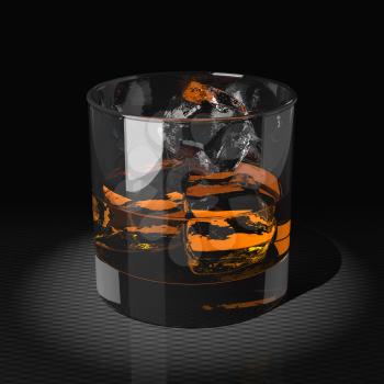 Whiskey with ice cubes in a tumbler glass. Dark key. Close up shot on black background.
