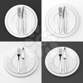 Set of 4 fork, knife and plates. Serving table with white or dark grey tablecloth. Two empty plates ready for food. Photo realistic 3D illustration for menu, flyer, poster. Cutlery, kitchen silverware