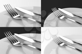 Set of 4 fork, knife and plates. Serving table with white or dark grey tablecloth. Two empty plates ready for food. Photo realistic 3D illustration for menu, flyer, poster. Cutlery, kitchen silverware