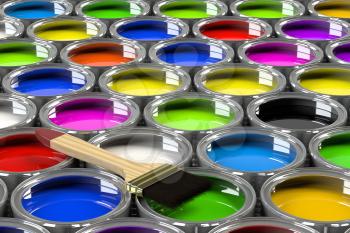 Multiple open paint cans. Rainbow colors. Creativity and diversity concept.