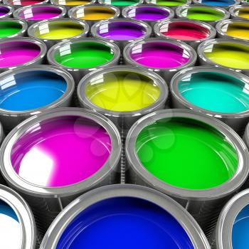 Multiple open paint cans with a brush. Rainbow colors. Creativity and diversity concept. 3d illustration.