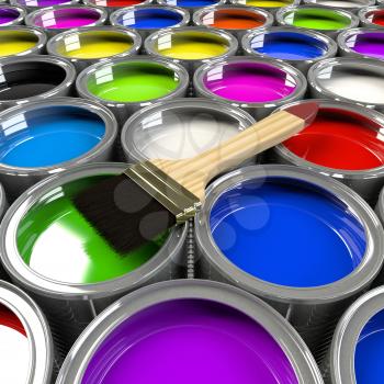 Multiple open paint cans with a brush. Rainbow colors. Creativity and diversity concept.