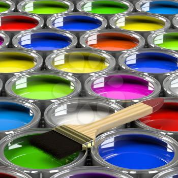 Multiple open paint cans with a brush. Rainbow colors. Creativity and diversity concept. 3d illustration.