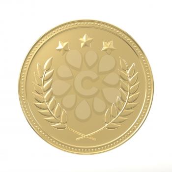 Gold medal with laurels and stars. Round blank coin with ornaments. Victory, best product, service or employee, first place concept. Achievement in sports. Isolated on white background.