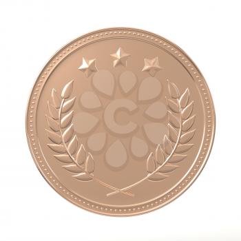 Bronze medal with laurels and stars. Round blank coin with ornaments. Victory, best product, service or employee, third place concept. Achievement in sports. Isolated on white background.