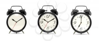 Set of 3 alarm clocks isolated on white background. Vintage style black clock with clean face, numbers and ringing clock. Graphic design element. Deadline, wake up, happy hour concept. 3D illustration