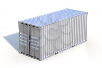 Ship cargo container 20 feet length. Silver grey metallic freight box with shadow isolated on white background. Marine logistics, harbor warehouse, customs, transport shipping concept. 3D illustration