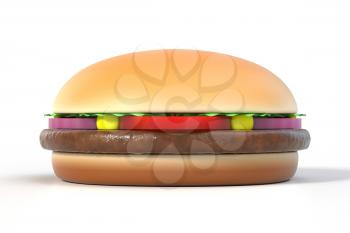 Fast food hamburger isolated on white with shadow. American cuisine burger. Graphic design element for restaurant advertisement, menu, poster, flyer. 3D illustration