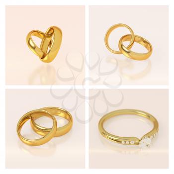 Golden wedding rings set. Two rings connected in a heart shape. Gold ring with diamonds. Pink background. Love and marriage concept. 3D illustration.