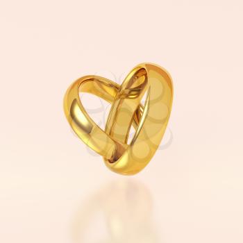 Two golden wedding rings in a heart shape on pink background. Love and marriage concept.
