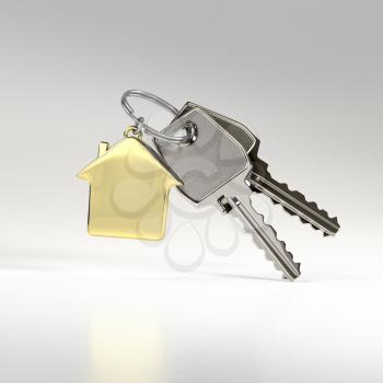 Two keys on a ring with a green plastic house chain. Concept of buying or renting a house, new home. Photo-realistic illustration.