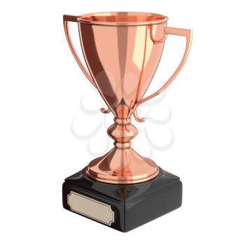 Rose gold or bronze trophy cup isolated on white background. Victory, best product, service or employee, first place concept. Achievement in sports. Isolated on white background.