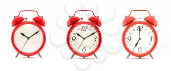 Set of 3 alarm clocks isolated on white background. Vintage style red clock with clean face, numbers and ringing clock. Graphic design element. Deadline, wake up, happy hour concept. 3D illustration