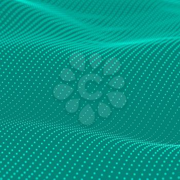 Teal background. Abstract bokeh dots waves. 3D illustration.