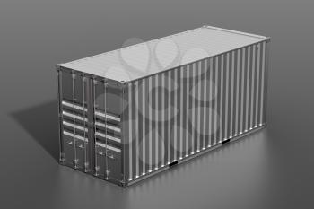 Ship cargo container 20 feet length. Dark grey metallic freight box with shadow grey background. Marine logistics, harbor warehouse, customs, transport shipping concept. 3D illustration