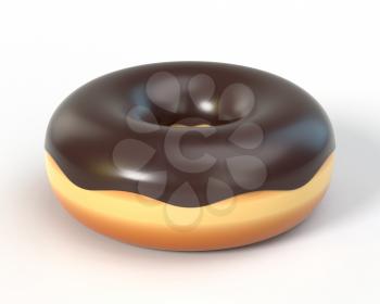 Delicious colorful donut with chocolate icing and sprinkles. Macro view of sweet american dessert on white background. Graphic design element for bakery flyer, poster, scrapbooking. 3D illustration.
