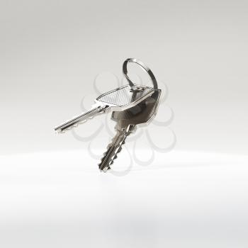 Two silver metal keys on a ring, falling on the floor. Don't loose your keys concept. Security of assets. 3D illustration.