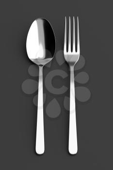 Fork and spoon. Photo realistic 3D illustration. Cutlery, kitchen silverware. For use in menu, restaurant printables, web site.