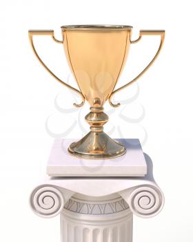 Golden trophy cup on an antique column in greek style isolated on white background. Victory, best product, service or employee, first place concept. Achievement in sports.