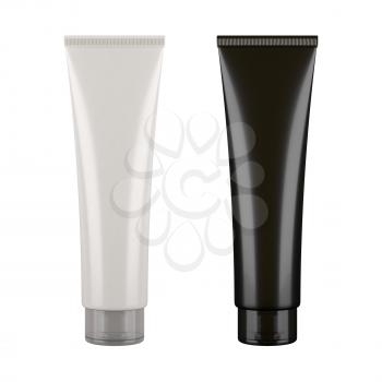 Black and white tubes. Product mock ups isolated on white background. Blank packaging for cosmetic products like cream or lotion, as well as tooth paste, hair gel, acrylic paint, sauce and more.