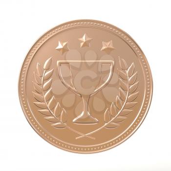 Bronze medal with laurels, stars and cup. Round blank coin with ornaments. Victory, best product, service or employee, first place concept. Achievement in sports. Isolated on white background.
