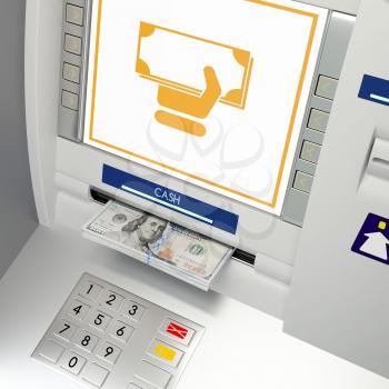 ATM machine with banknotes and money withdrawal icon in the money slot. Online payment, giving money returning bank debt cash withdrawal deposit, transfer funds, concept. 3D illustration