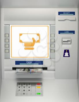 ATM machine with banknotes and money withdrawal icon in the money slot. Online payment, giving money returning bank debt cash withdrawal deposit, transfer funds, concept. 3D illustration