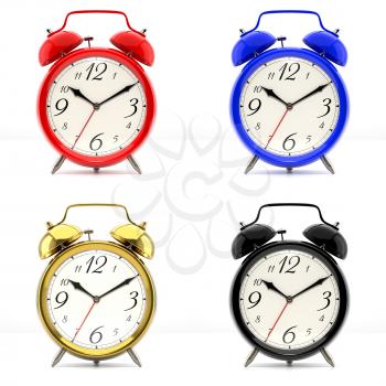 Set of 4 alarm clocks isolated on white background. Vintage style red, blue, black, golden clock. Graphic design element for flyer, poster, sale. 3D illustration