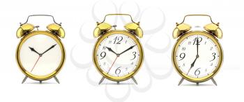 Set of 3 alarm clocks isolated on white background. Vintage style golden clock with clean face, numbers, ringing clock. Graphic design element. Deadline, wake up, happy hour concept. 3D illustration