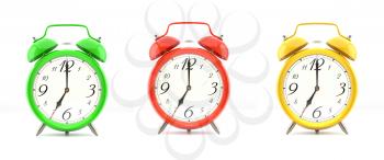 Set of three vintage alarm clocks in green, red and yellow, with numbers, isolated on white background. 3D illustration