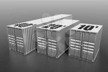 Set of 3 ship cargo containers 10 20 40 feet length. Grey metallic freight box on grey background. Marine logistics, harbor warehouse, customs, transport shipping concept. 3D illustration