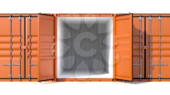Empty ship cargo container 20 feet length, side view, open doors. Brown freight box isolated on white. Marine logistics, harbor warehouse, customs, transport shipping concept. 3D illustration