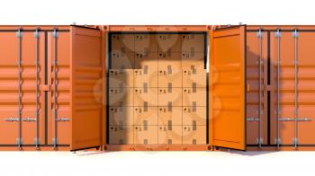 Ship cargo container side view with open doors, full with cardboard boxes. Brown freight box isolated on white. Marine logistics, harbor warehouse, customs, transport shipping concept. 3D illustration