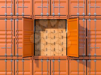 Ship cargo container side view with open doors, full with cardboard boxes. Brown freight box background. Marine logistics, harbor warehouse, customs, transport shipping concept. 3D illustration