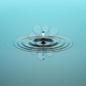 Water drop or rain drop falling on water surface. Liquid ripple splash in sunlight with reflection, macro image. Abstract background, 3D illustration
