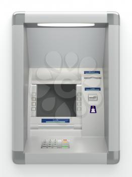 Atm machine with a card reader. Pin code safety, automatic banking, bank account access electronic cash withdrawal, concept. Display screen, buttons, cash dispenser, receipt printer. 3D illustration