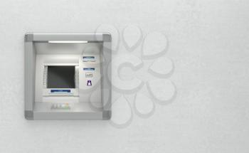 Atm machine with a card reader. Pin code safety, bank account access automatic banking, electronic cash withdrawal, concept. Display screen, buttons, cash dispenser, receipt printer. 3D illustration
