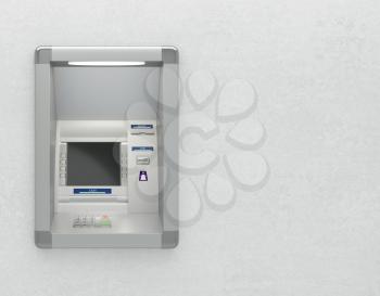 Atm machine with a card reader. Pin code safety, bank account access automatic banking, electronic cash withdrawal, concept. Display screen, buttons, cash dispenser, receipt printer. 3D illustration