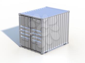 Ship cargo container 10 feet length. Silver grey metallic freight box with shadow isolated on white background. Marine logistics, harbor warehouse, customs, transport shipping concept. 3D illustration