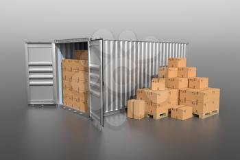 Ship cargo container side view, open doors, full with cardboard boxes. Pile of cardboard boxes on pallet. 3D illustration